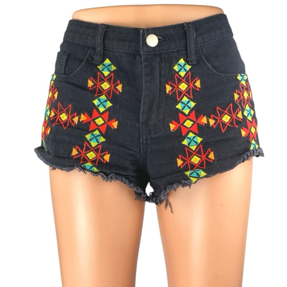 Hayden Black Aztec Embroidered Mid Rise Frayed Cut Off Denim Jean Shorts Size S